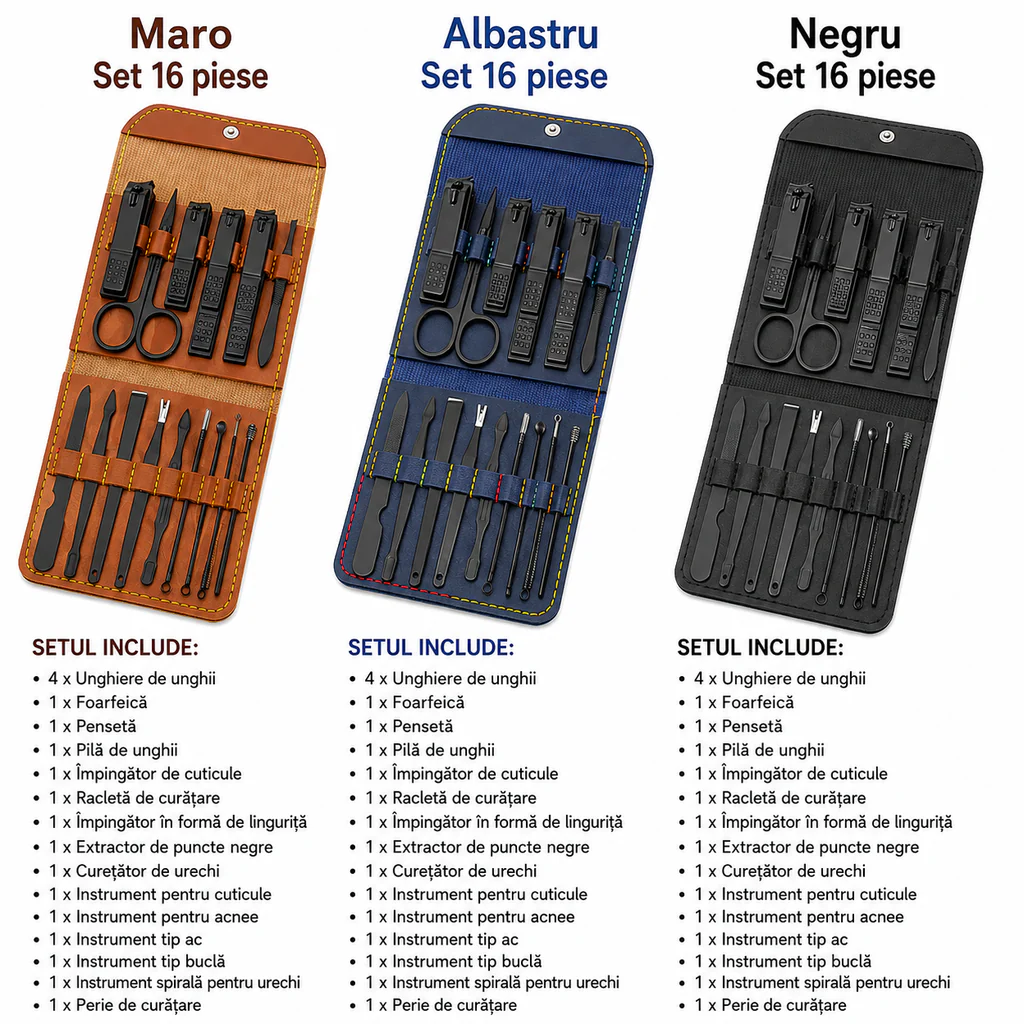 Set Manichiură și Pedichiură Profesional 16 Piese, Oțel Inoxidabil, Trusă Îngrijire Unghii cu Husă Elegantă din Piele, Kit pentru Acasă și Călătorii, Cadou pentru Femei și Bărbați - imagine 5