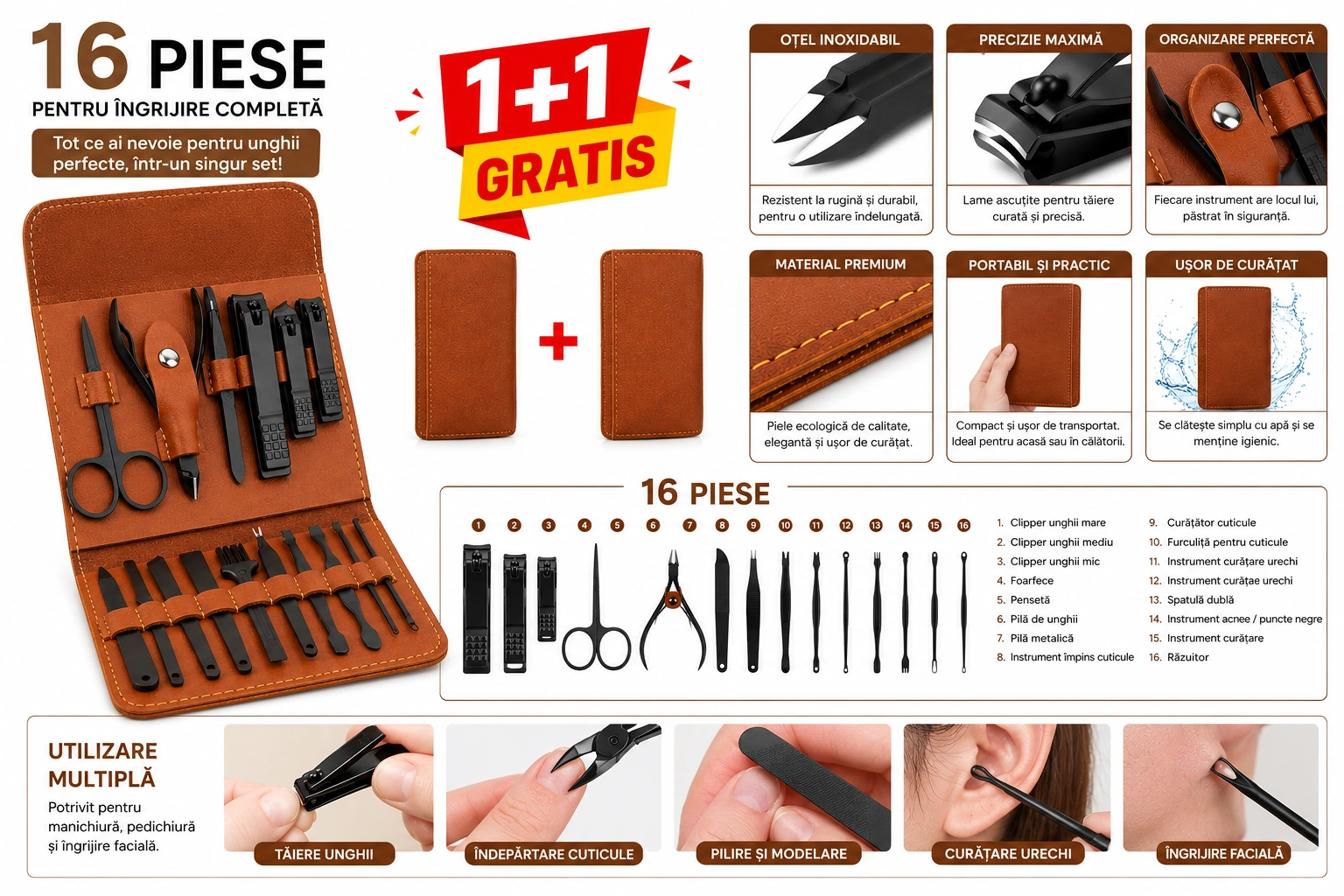 Set Manichiură și Pedichiură Profesional 16 Piese, Oțel Inoxidabil, Trusă Îngrijire Unghii cu Husă Elegantă din Piele, Kit pentru Acasă și Călătorii, Cadou pentru Femei și Bărbați - imagine 2