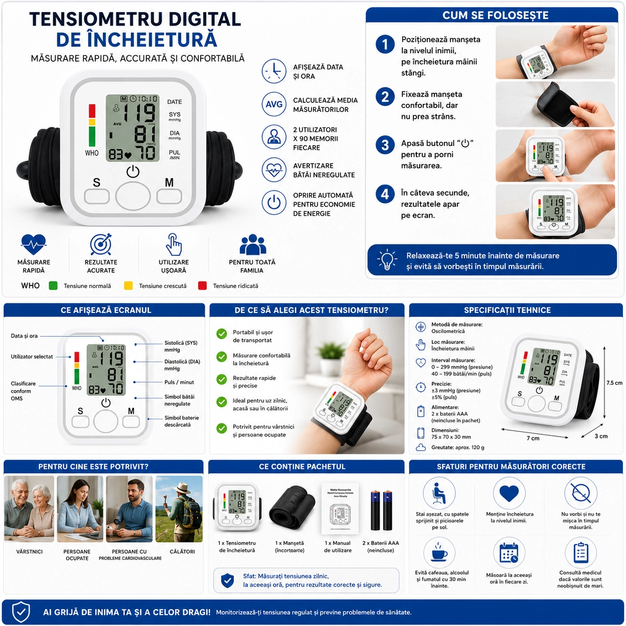 Tensiometru Digital Electronic de Încheietură, Ecran LCD Mare, Măsurare Rapidă și Precisă, Detectare Bătăi Neregulate, Memorie pentru 2 Utilizatori, Indicator WHO, Oprire Automată, Aparat Automat pentru Măsurarea Tensiunii Arteriale și Pulsului - imagine 3