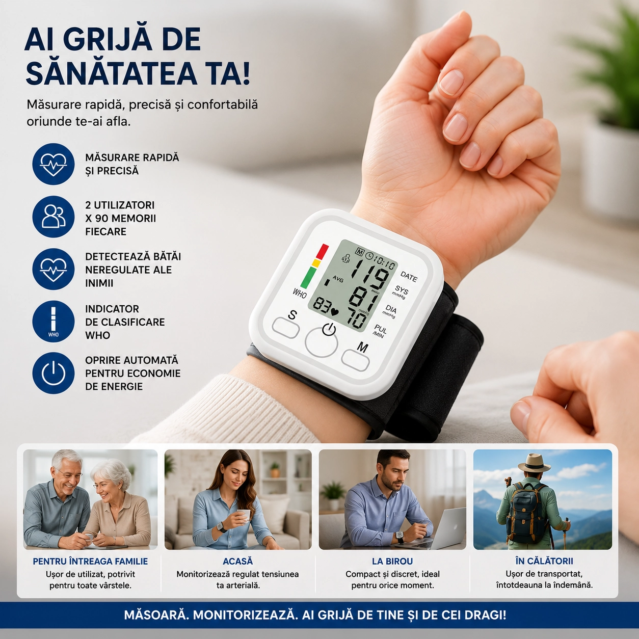 Tensiometru Digital Electronic de Încheietură, Ecran LCD Mare, Măsurare Rapidă și Precisă, Detectare Bătăi Neregulate, Memorie pentru 2 Utilizatori, Indicator WHO, Oprire Automată, Aparat Automat pentru Măsurarea Tensiunii Arteriale și Pulsului - imagine 2