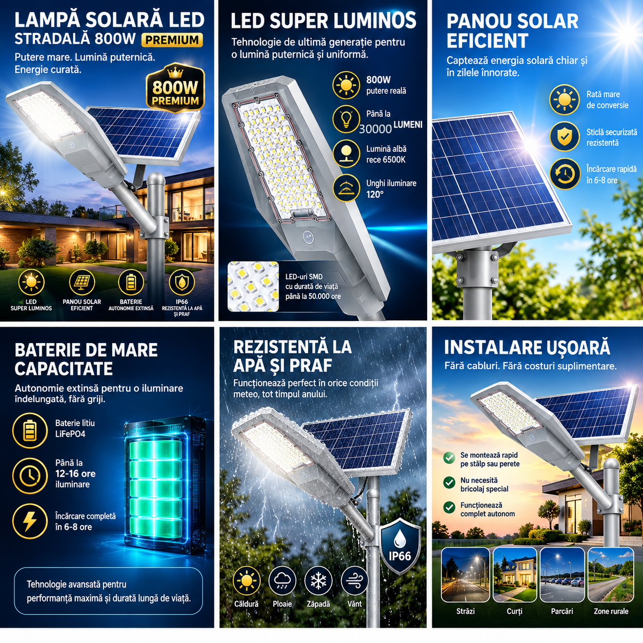 Lampa Solara Stradala LED 800W JORTAN Premium, Corp Din Aluminiu turnat sub presiune, Iluminat Puternic, 30.000 Lumeni, Panou Solar Fotovoltaic Orientabil, Telecomanda, Suport Metalic Inclus, IP66, - imagine 2