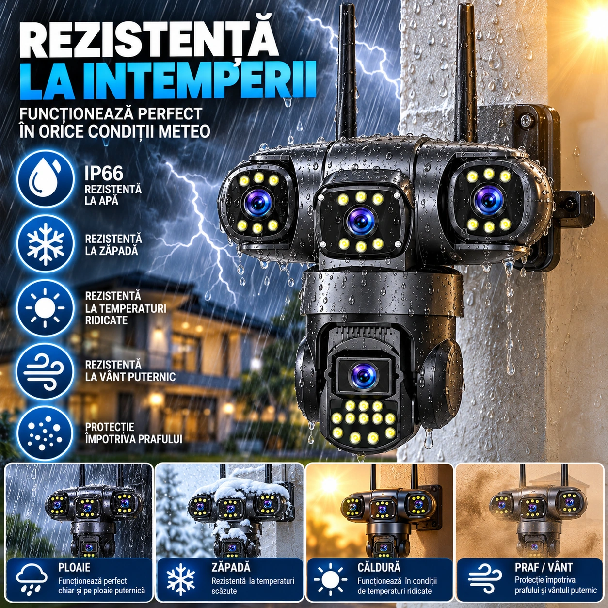Cameră de Supraveghere Exterior 4G cu Cartelă SIM, 12MP, 3 camere Rotative, Monitorizare 3 Zone Simultan, Rotire 355°, Detecție Inteligentă AI, Vedere Nocturnă Color, Audio Bidirecțional, IP66 + Card 32GB Cadou - imagine 3