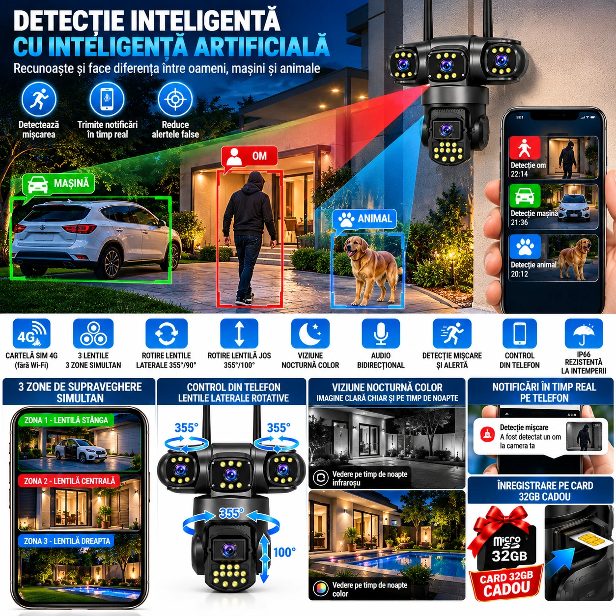 Cameră de Supraveghere Exterior 4G cu Cartelă SIM, 12MP, 3 camere Rotative, Monitorizare 3 Zone Simultan, Rotire 355°, Detecție Inteligentă AI, Vedere Nocturnă Color, Audio Bidirecțional, IP66 + Card 32GB Cadou - imagine 4