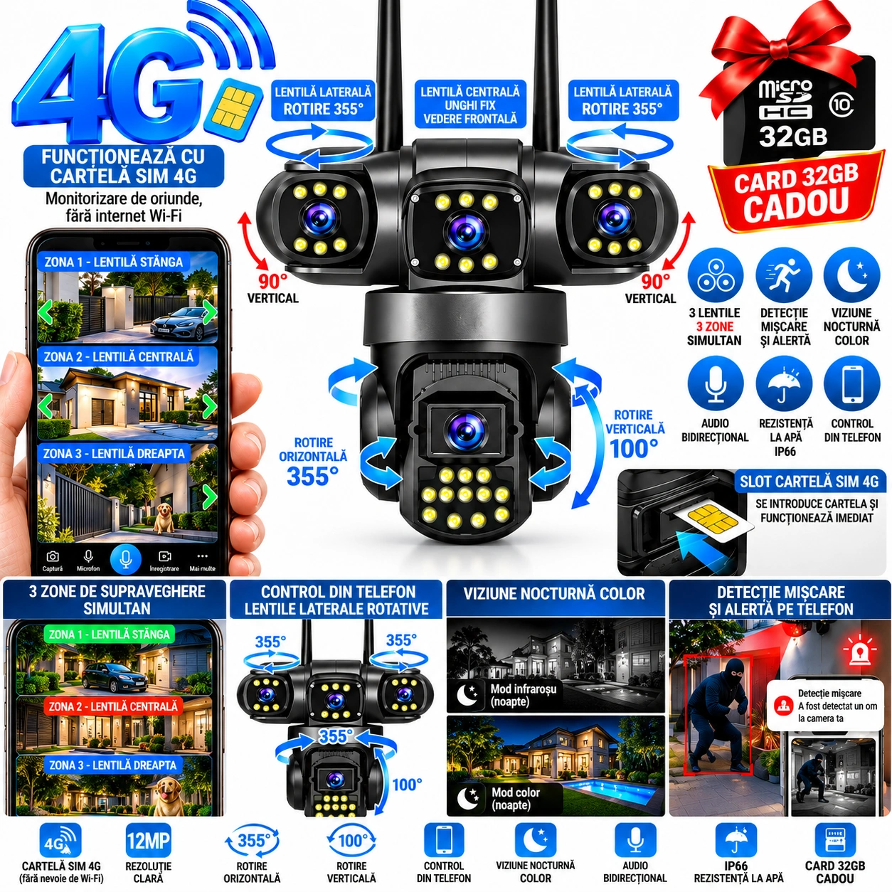Cameră de Supraveghere Exterior 4G cu Cartelă SIM, 12MP, 3 camere Rotative, Monitorizare 3 Zone Simultan, Rotire 355°, Detecție Inteligentă AI, Vedere Nocturnă Color, Audio Bidirecțional, IP66 + Card 32GB Cadou - imagine 2