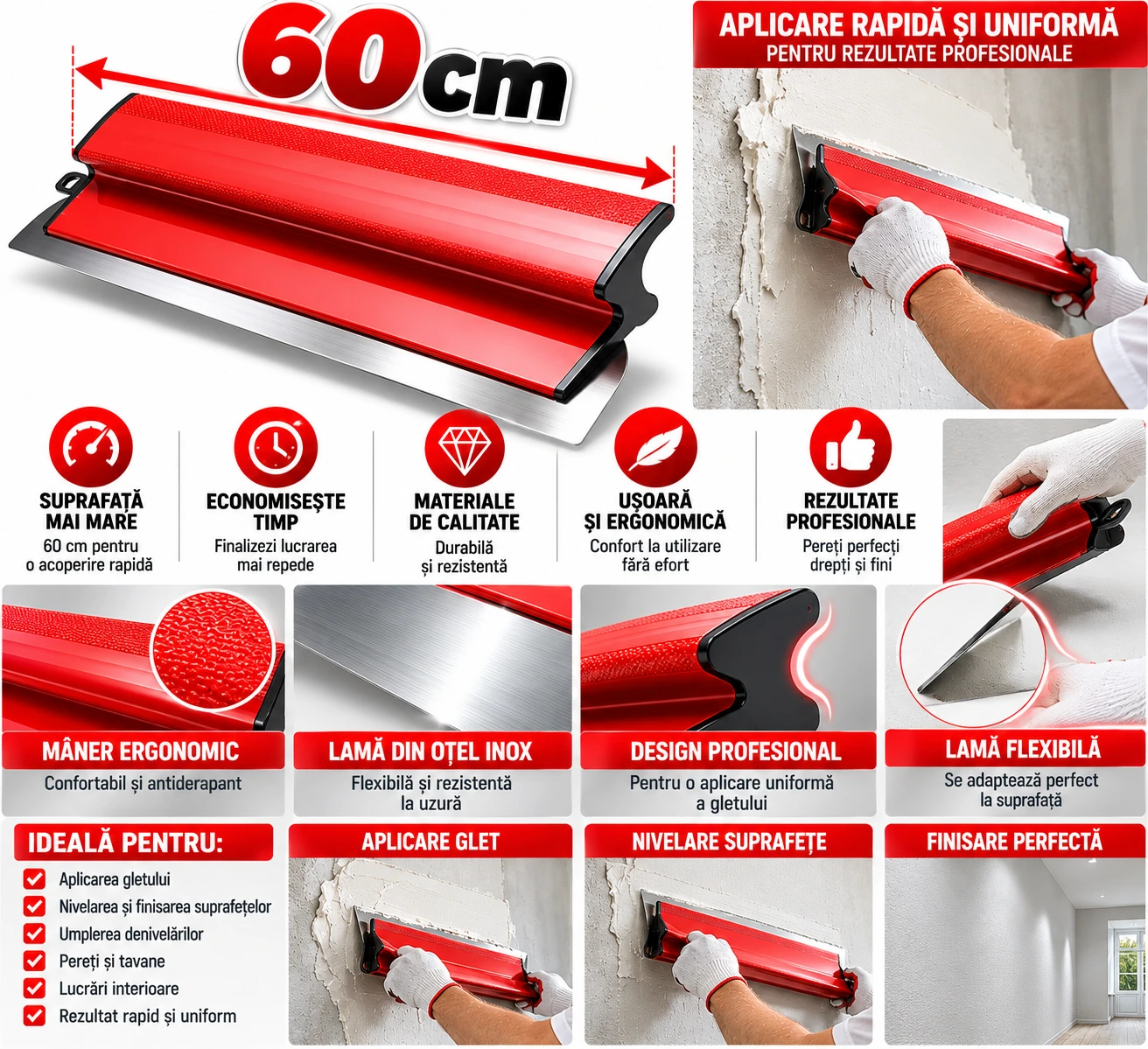 Gletieră Profesională pentru Aplicat și Nivelat Glet, 60 cm, Lamă Flexibilă din Oțel Inoxidabil, Mâner Ergonomic Antiderapant, pentru Finisarea Pereților și Tavanelor - imagine 2