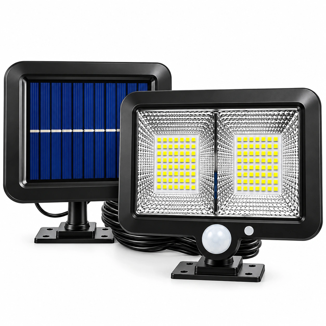 Pachet 1+1 Lămpi Solare LED cu Panou Solar Separat, 98 LED-uri, Senzor de Mișcare, Telecomandă, 3 Moduri de Iluminare, Cablu 5 Metri, Rezistente la Apă IP65, pentru Curte, Grădină și Garaj - imagine 3