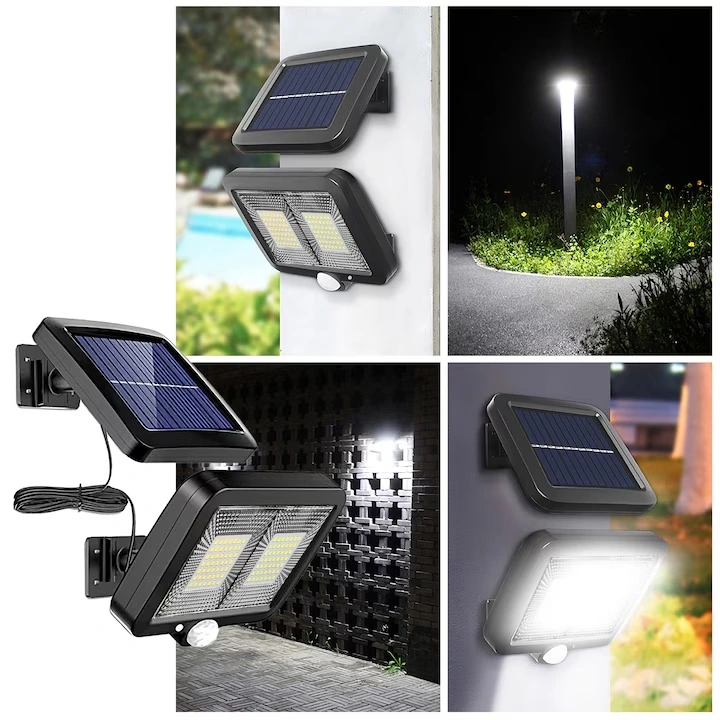 Pachet 1+1 Lămpi Solare LED cu Panou Solar Separat, 98 LED-uri, Senzor de Mișcare, Telecomandă, 3 Moduri de Iluminare, Cablu 5 Metri, Rezistente la Apă IP65, pentru Curte, Grădină și Garaj - imagine 6