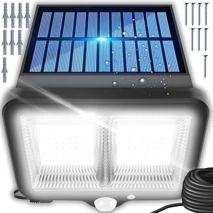 Pachet 1+1 Lămpi Solare LED cu Panou Solar Separat, 98 LED-uri, Senzor de Mișcare, Telecomandă, 3 Moduri de Iluminare, Cablu 5 Metri, Rezistente la Apă IP65, pentru Curte, Grădină și Garaj - imagine 7
