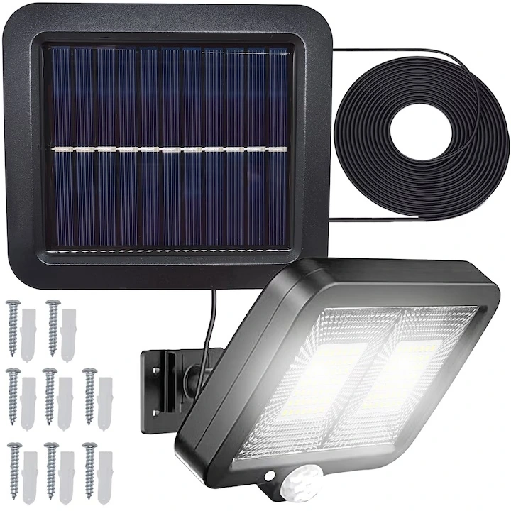Pachet 1+1 Lămpi Solare LED cu Panou Solar Separat, 98 LED-uri, Senzor de Mișcare, Telecomandă, 3 Moduri de Iluminare, Cablu 5 Metri, Rezistente la Apă IP65, pentru Curte, Grădină și Garaj - imagine 8