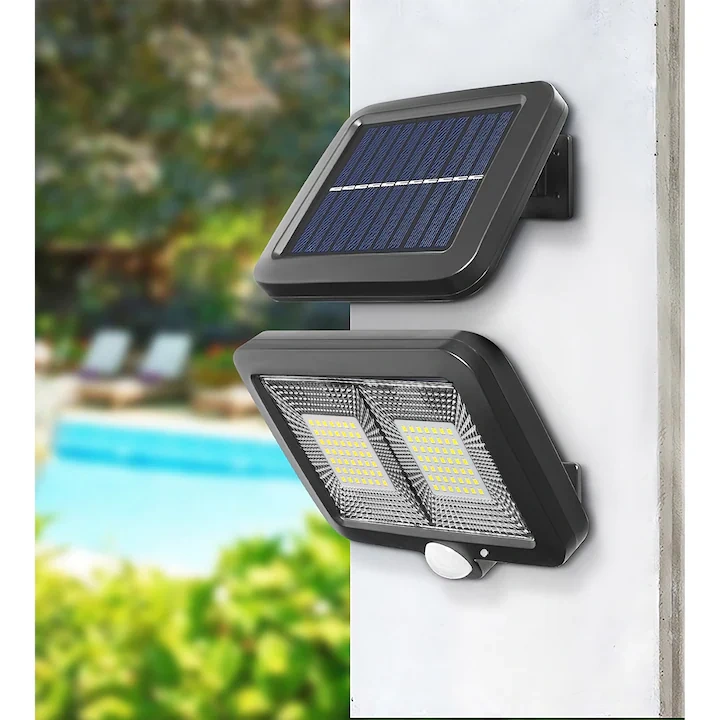 Pachet 1+1 Lămpi Solare LED cu Panou Solar Separat, 98 LED-uri, Senzor de Mișcare, Telecomandă, 3 Moduri de Iluminare, Cablu 5 Metri, Rezistente la Apă IP65, pentru Curte, Grădină și Garaj - imagine 9