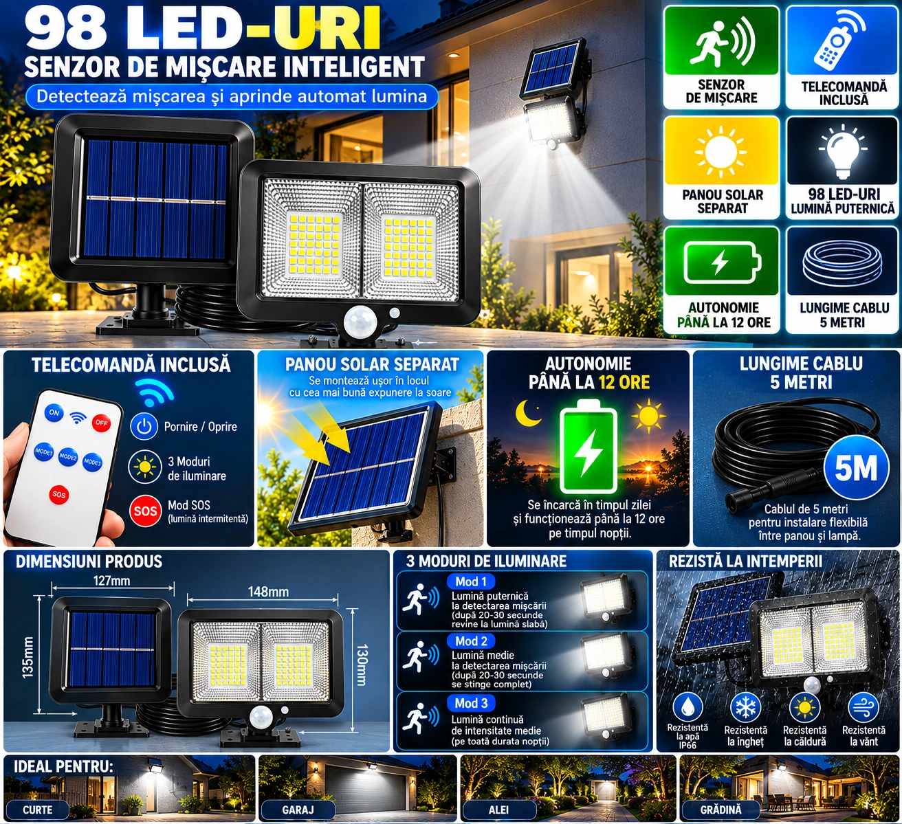 Pachet 1+1 Lămpi Solare LED cu Panou Solar Separat, 98 LED-uri, Senzor de Mișcare, Telecomandă, 3 Moduri de Iluminare, Cablu 5 Metri, Rezistente la Apă IP65, pentru Curte, Grădină și Garaj - imagine 4