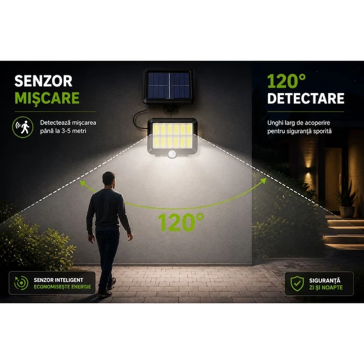 Set 3+1 Gratis Lămpi Solare LED COB de Exterior, 120 LED, Panou Solar Separat, Telecomanda Senzor de Mișcare Telecomandă, 3 Moduri de Iluminare, Cablu 5 Metri, Autonomie până la 12 Ore, Rezistență la Apă IP65 - imagine 10
