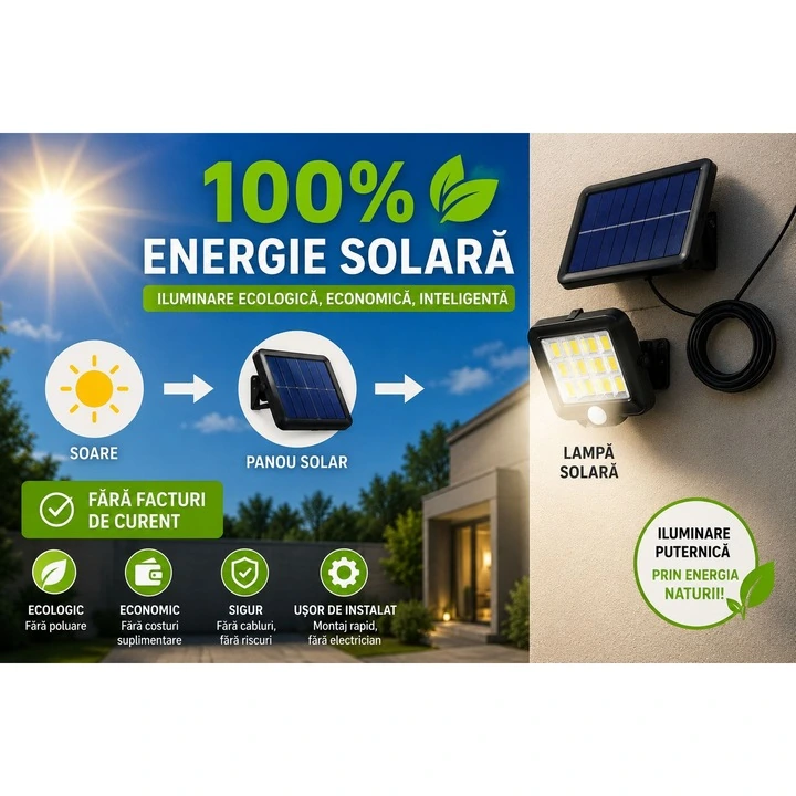 Set 3+1 Gratis Lămpi Solare LED COB de Exterior, 120 LED, Panou Solar Separat, Telecomanda Senzor de Mișcare Telecomandă, 3 Moduri de Iluminare, Cablu 5 Metri, Autonomie până la 12 Ore, Rezistență la Apă IP65 - imagine 7