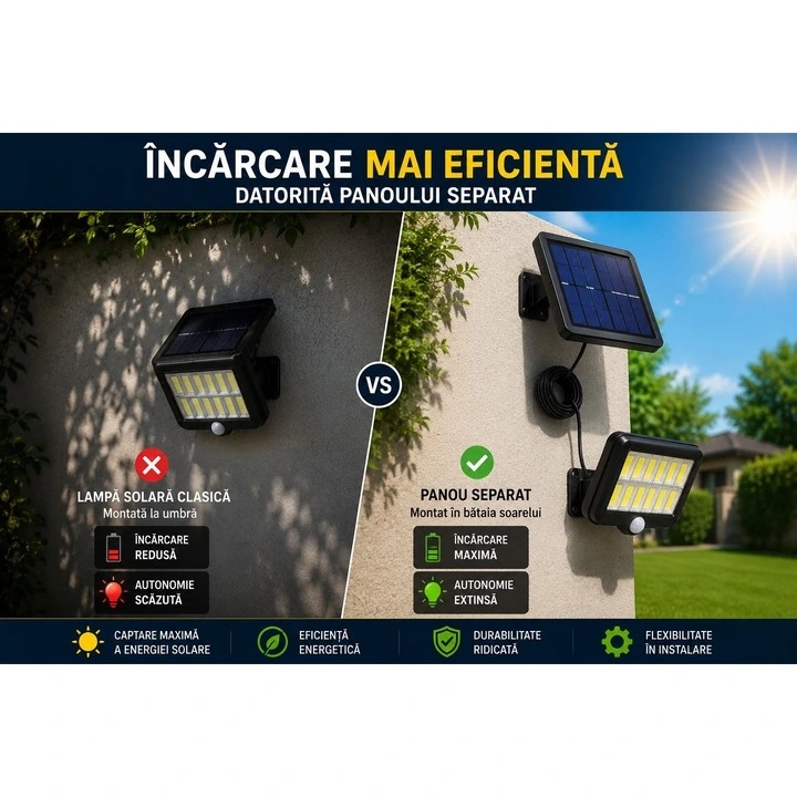 Set 3+1 Gratis Lămpi Solare LED COB de Exterior, 120 LED, Panou Solar Separat, Telecomanda Senzor de Mișcare Telecomandă, 3 Moduri de Iluminare, Cablu 5 Metri, Autonomie până la 12 Ore, Rezistență la Apă IP65 - imagine 8