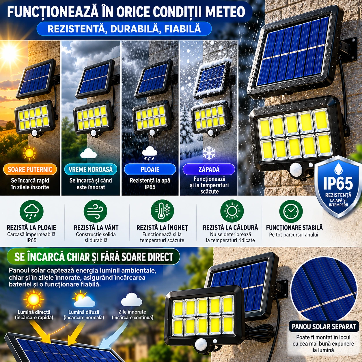 Set 3+1 Gratis Lămpi Solare LED COB de Exterior, 120 LED, Panou Solar Separat, Telecomanda Senzor de Mișcare Telecomandă, 3 Moduri de Iluminare, Cablu 5 Metri, Autonomie până la 12 Ore, Rezistență la Apă IP65 - imagine 2