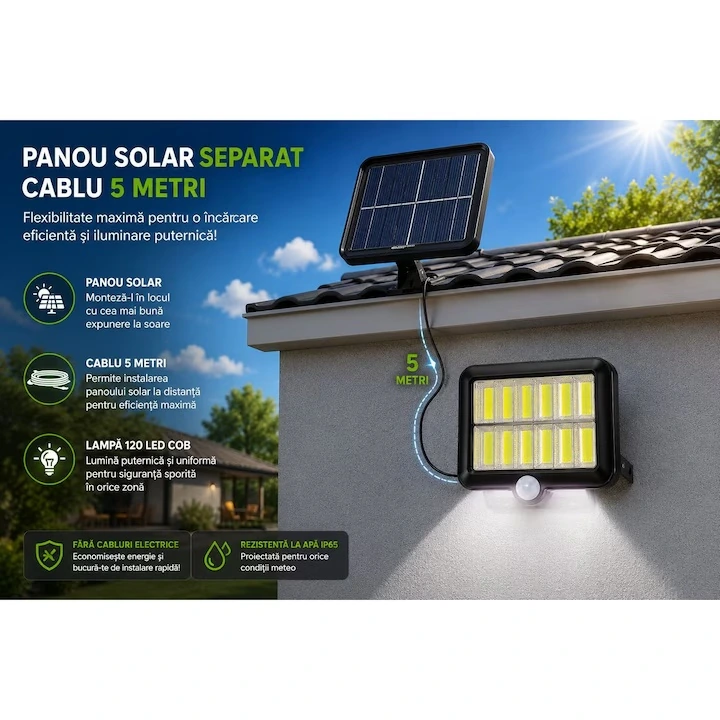 Set 3+1 Gratis Lămpi Solare LED COB de Exterior, 120 LED, Panou Solar Separat, Telecomanda Senzor de Mișcare Telecomandă, 3 Moduri de Iluminare, Cablu 5 Metri, Autonomie până la 12 Ore, Rezistență la Apă IP65 - imagine 6