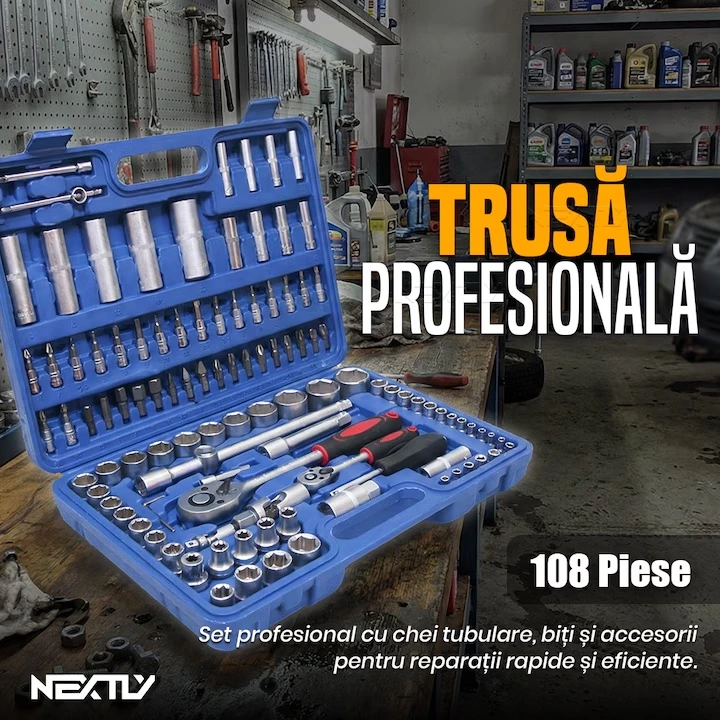 Trusă de Scule Profesională 108 Piese, Set Chei Tubulare cu Clichet 72 Dinți, Biți, Prelungitoare și Adaptoare, Oțel Crom-Vanadiu, Geanta de Transport, Ideală pentru Reparații Auto, Casă și Atelier - imagine 8